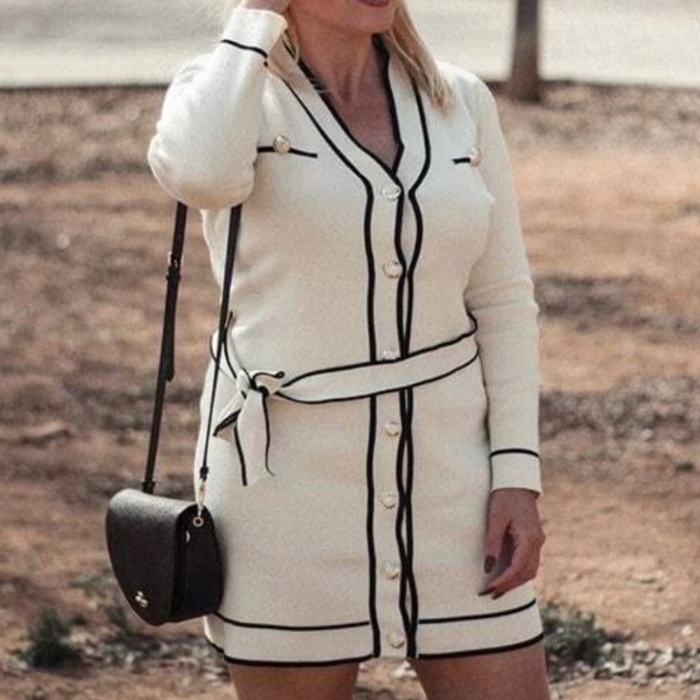 Beige Knit Belted Dress Long Sleeve, Button Through Contrast Black Piping Trim - Picture 11 of 11